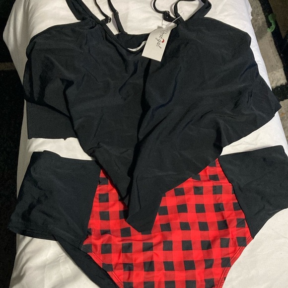 Black and red plaid swim top and bottom - Picture 1 of 3